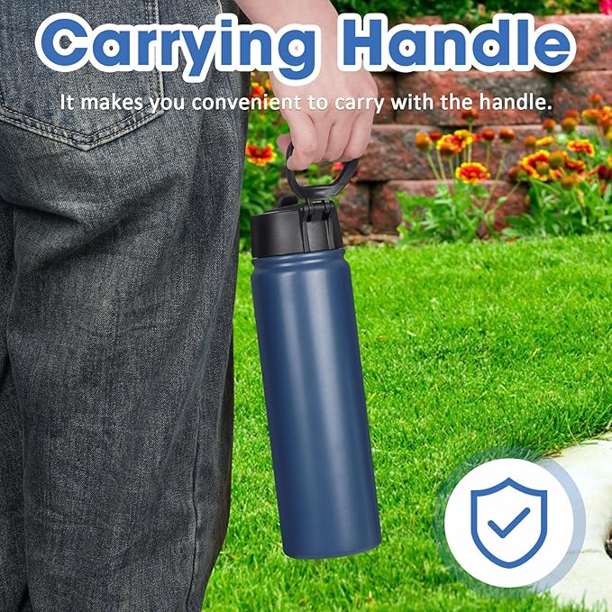 24 oz Insulated Water Bottle with Straw, Stainless Steel Double Wall Vacuum Thermos with Straw Lid Leak Proof, Wide Mouth Lid, Keep Cold and Hot