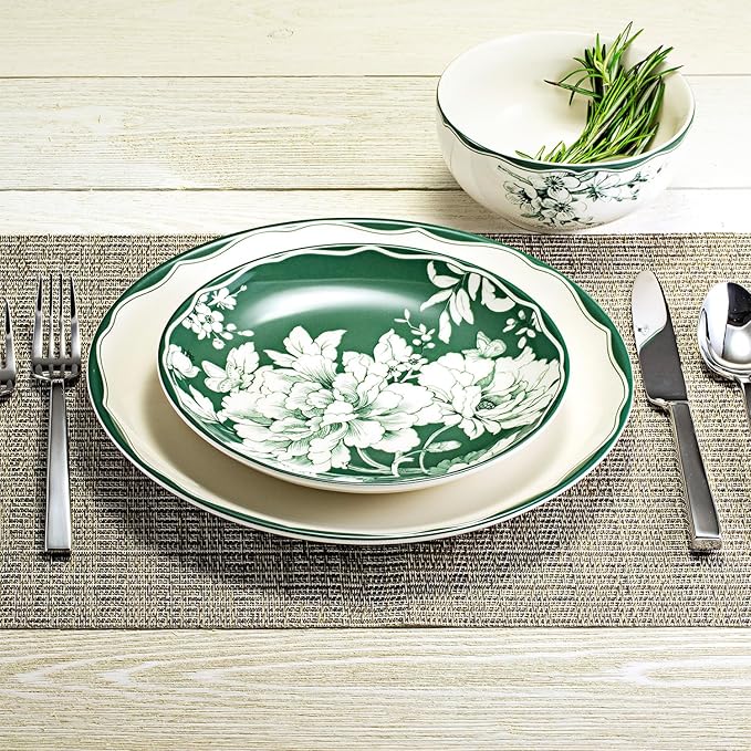 222 Fifth 12-Piece Porcelain Dinnerware Set for 4, White & Sage Green Plates and Bowls Set, Glossy Ceramic Dish Set with Detailed Floral Design, Microwave & Dishwasher Safe Dishes for Dining, Brittany