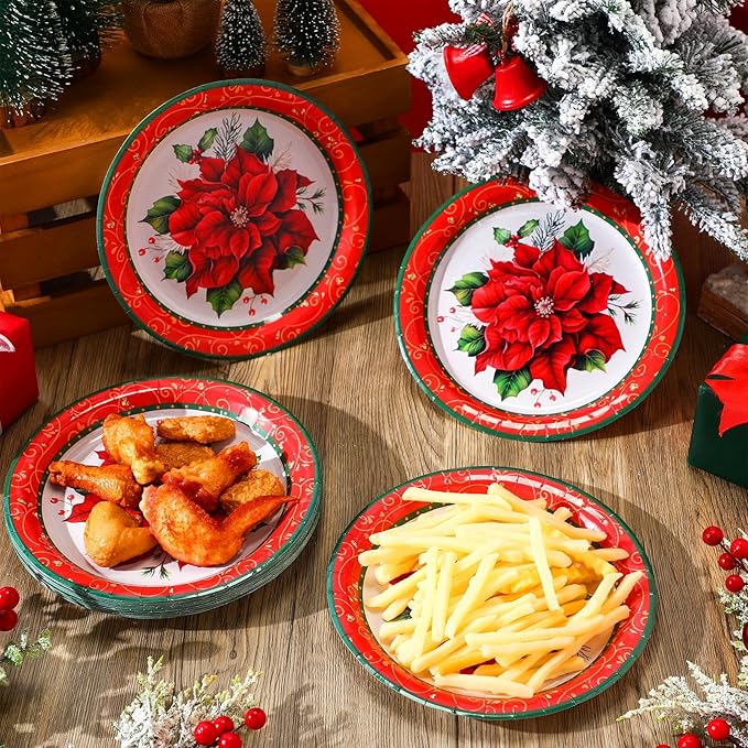 Zhehao 100 Pcs Christmas Paper Plates 9 Inch Disposable Plates Bulk Red and Green Poinsettia Christmas Party Decoration for Xmas Candy Dinner Plate Party Wedding Event Supplies
