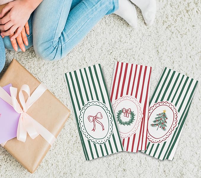 Red and Green Striped Christmas Kitchen Towels Set of 3, Preppy Bow Christmas Dish Tea Towels for Kitchen, Xmas Tree Wreath Decorative Hand Towel for Bathroom, 16x24 Inch