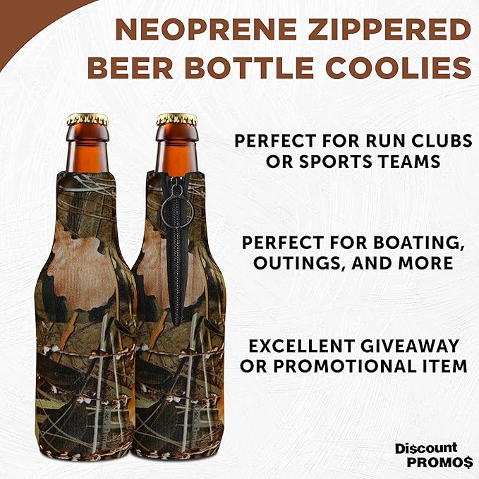 10 Neoprene Zippered Beer Bottle Coolies Pack - Sharkskin Rubber Bottom - Camo4