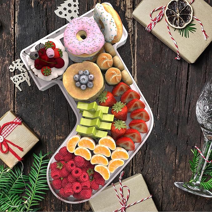 11" Christmas Stocking Charcuterie Boards, Acrylic Reusable Serving Tray for Dessert Appetizer Display, Cute Decorative Snack Platter for Xmas Party Table Decoration
