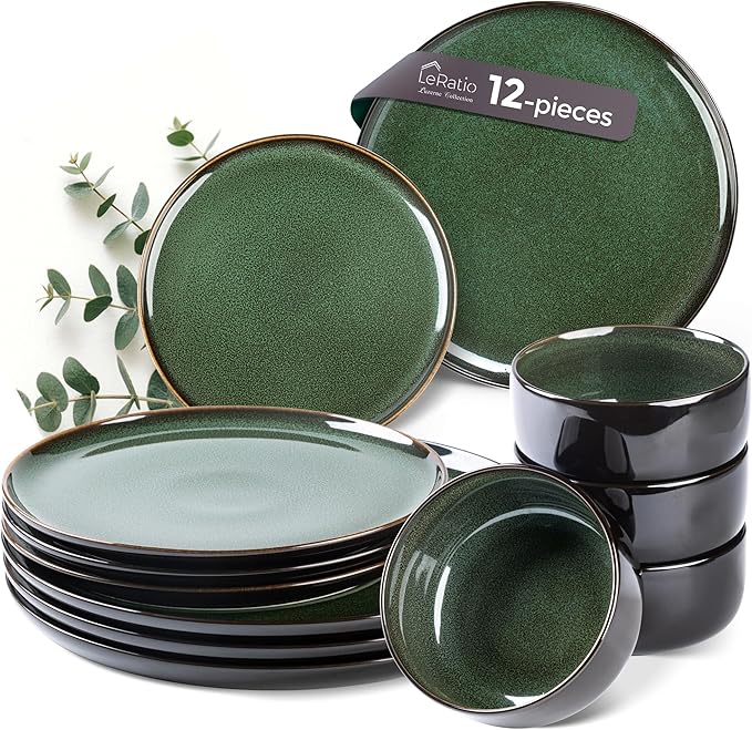 LERATIO Ceramic Dinnerware Sets for 4,12 Pieces Poreclain Plates and Bowls Sets,Scratch Resistant Dishes,Dishwasher & Microwave Saf,Oven Safe Dishes Set,Service for 4-Geen