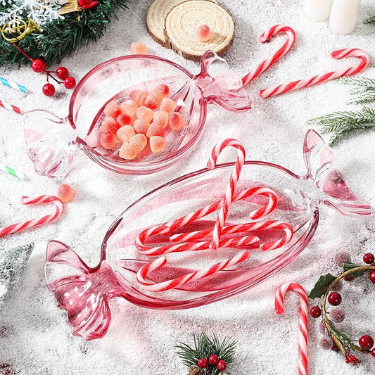 Christmas Dish, Pink Set of 2 Glass Candy Platter Serving Dessert Plates, Christmas Dinnerware Tray Decorative Plates for Xmas Holiday Party Favor, Long & Round