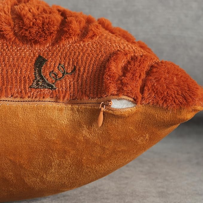 4TH Emotion Fall Pumpkin Decorative Lumbar Pillow Covers 12x20 Set of 2, Dark Rust Red Soft Plush Faux Fur Wool Farmhouse Throw Cushion Cases for Autumn Thanksgiving Holiday Home Decorations