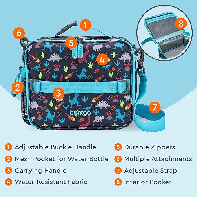 Bentgo Kids Lunch Bag - Durable, Double-Insulated Lunch Bag for Kids 3+; Holds Lunch Box, Water Bottle, & Snacks; Easy-Clean Water-Resistant Fabric & Multiple Zippered Pockets (Dinosaur)