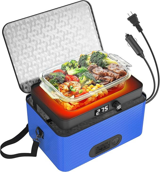 Portable Oven, 12V 24V 110V-240V Car Food Warmer Portable Personal Mini Oven Electric Heated Lunch Box for Meals Reheating & Raw Food Cooking for Road Trip/Camping/Picnic/Family Gathering(Blue)
