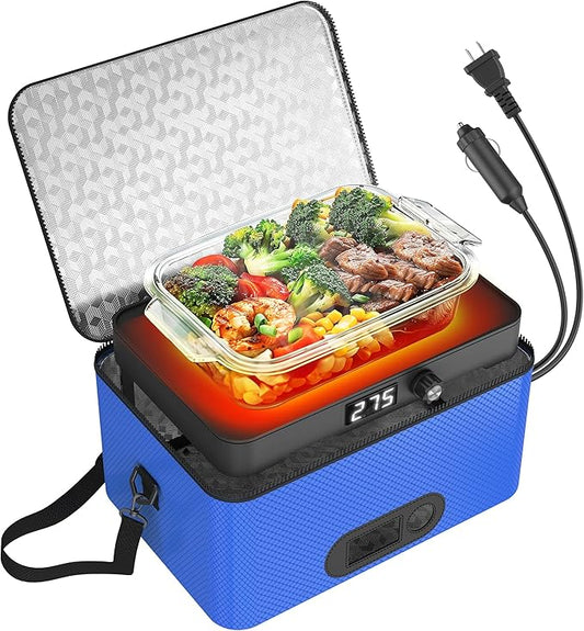 Portable Oven, 12V 24V 110V-240V Car Food Warmer Portable Personal Mini Oven Electric Heated Lunch Box for Meals Reheating & Raw Food Cooking for Road Trip/Camping/Picnic/Family Gathering(Blue)