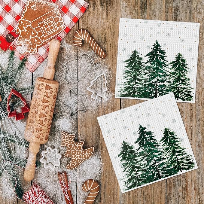 Artoid Mode Snowflakes Xmas Tree Christmas Kitchen Dish Cloths, 12x12 Inch Quick Dry Microfiber Dishcloths for Kitchen Dish Rags Set of 2