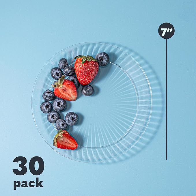 PLASTICPRO 30 Pack Crystal Like Clear Disposable 7 inch Plastic Plates Dinner Dishes Plates for Special Occasions Parties