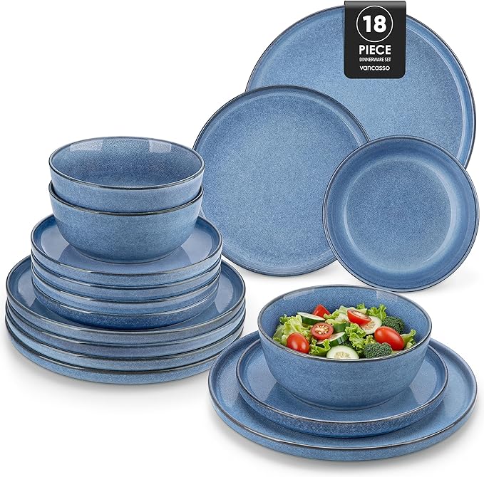 vancasso ANYA 18 Pieces Plates and Bowls Set, Blue Dinnerware Sets, Reactive Glaze Dishes Set for 6, Ceramic Dishware Sets Kitchen Dinner Set, Microwave & Dishwasher Safe