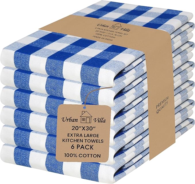 Urban Villa Kitchen Towels Set of 6 Buffalo Checks Blue/White Kitchen Towels 20X30 Inches 100% Cotton Highly Absorbent Kitchen Towels Premium Quality Ultra Soft Mitered Corners KitchenTowels