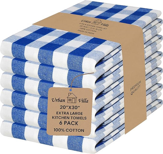 Urban Villa Kitchen Towels Set of 6 Buffalo Checks Blue/White Kitchen Towels 20X30 Inches 100% Cotton Highly Absorbent Kitchen Towels Premium Quality Ultra Soft Mitered Corners KitchenTowels