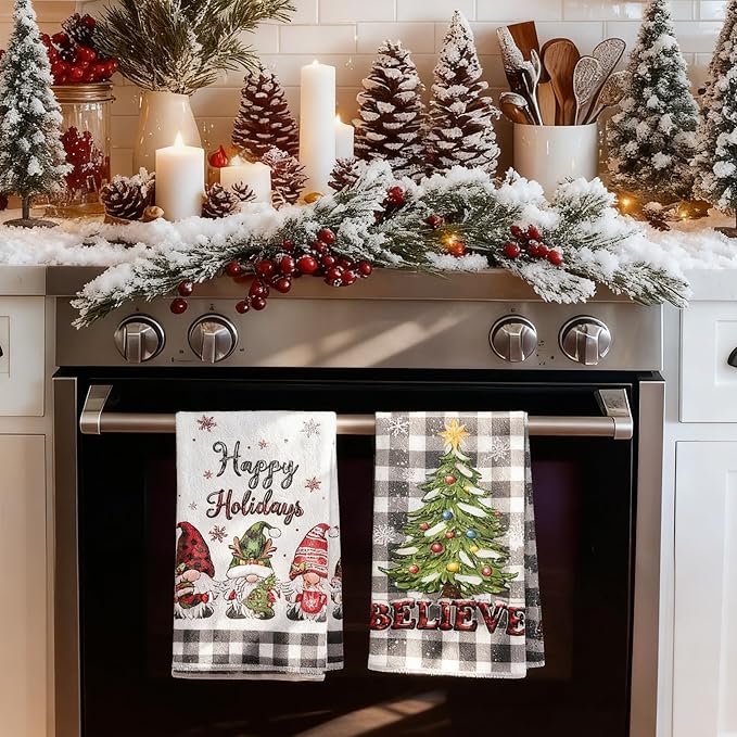 Christmas Dish Towels Set of 2-18"x26" Holiday Kitchen Towels with White & Black Checkered Design, Quick-Drying Xmas Themed Hand Towels