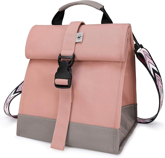 SUNNY BIRD Insulated Lunch Bag Pink Lunch Box Small Cooler Bag for Women, Girls, Adults and Teens (Pink with pink shoulder strap)