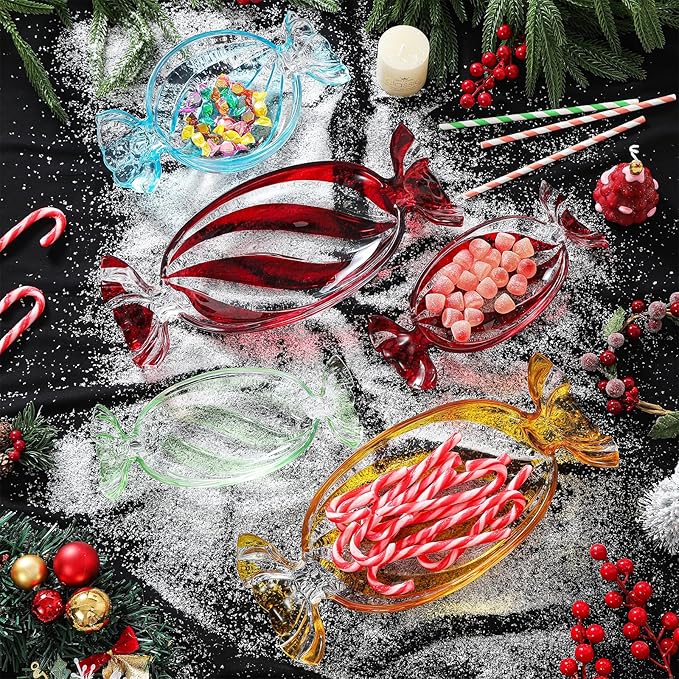 Christmas Candy Glass Plate, Christmas Theme Serving Tray for Holiday Desserts, Cookies & Candy Display, Festive Party Bowl, Blue Xmas Decorations Round