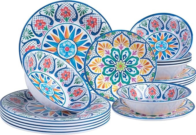 18 Pieces Melamine Dinnerware Sets, Service for 6, Paisley Kitchen Plates and Bowls Set, Unbreakable & Lightweight Dinnerware Set, Camping Dishs Indoor Outdoor Use, Spanish Floral Pattern