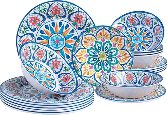 18 Pieces Melamine Dinnerware Sets, Service for 6, Paisley Kitchen Plates and Bowls Set, Unbreakable & Lightweight Dinnerware Set, Camping Dishs Indoor Outdoor Use, Spanish Floral Pattern