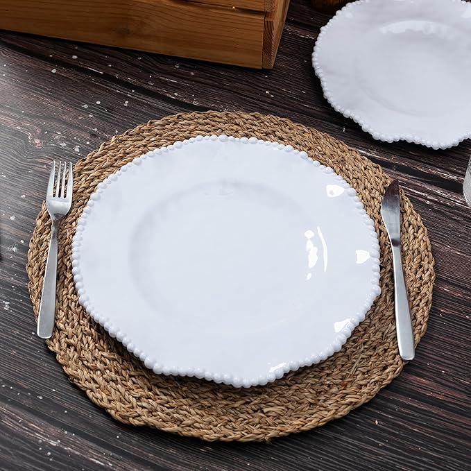 12-Piece White Beaded Melamine Dinnerware Sets – Chip-Resistant Plates & Bowls, Farmhouse Dining Set includes 4 dinner, 4 Salad and 4 Bowl – Ideal for RV, Cabin, Daily Use