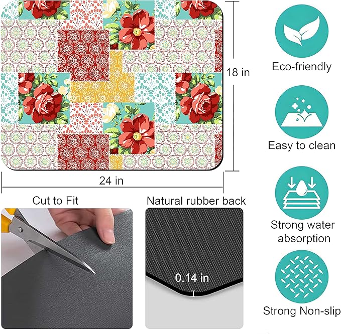 Rubber Dish Drying Mat for Kitchen Counter Large Boho Flowers Washable Quick Home Coffee Pad Fit Under Sink,Bar,Utensils 18x24in