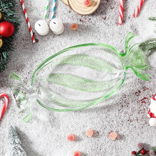 Christmas Candy Glass Plate, Christmas Theme Serving Tray for Holiday Desserts, Cookies & Candy Display, Festive Party Bowl, Green Xmas Decorations Large