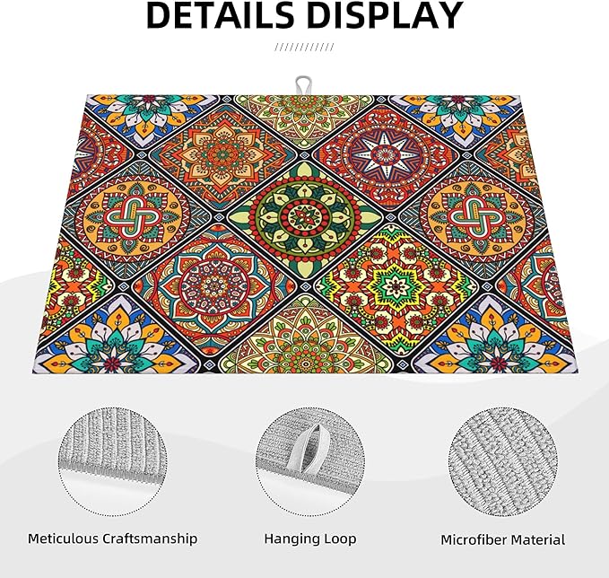 Retro Dish Drying Mat for Kitchen Counter Mandala Colorful Dish Drainer Rack Mats Boho Decor Washable Absorbent Reversible Microfiber Drying Pad Kitchen Accessories 18"x24"