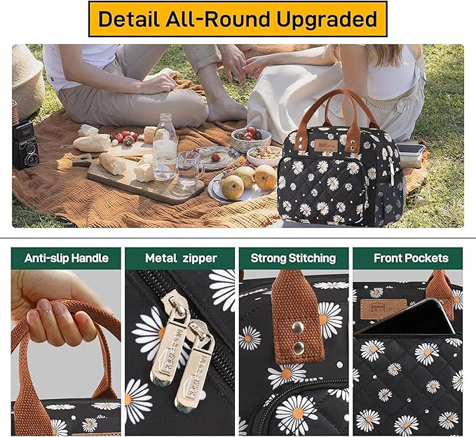 Buringer HOMESPON Lunch Bag for Woman Man Adults with Front Pocket Insulated Lunch Tote Lunch Box Container for Work Picnic or Travel（Daisy with Side Pockets）