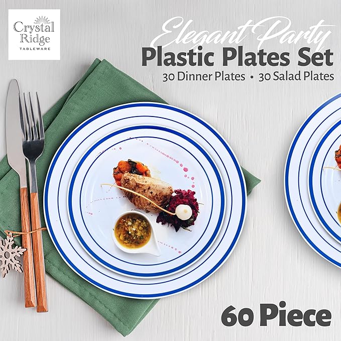 60 Pieces White Plastic Disposable Plates - Premium Heavy-Duty 30 Dinner Plates & 30 Salad Plates with Blue Rim Ideal for Party, Birthday and Special Events
