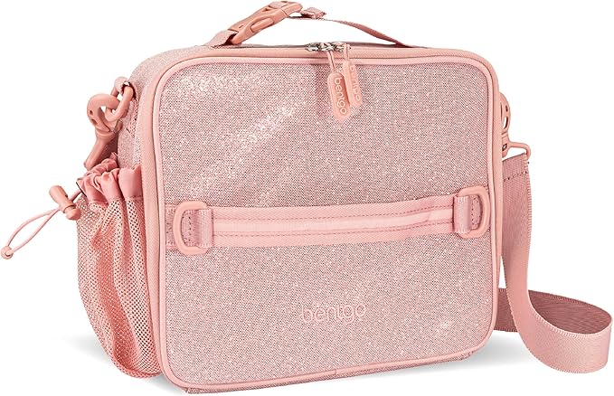 Bentgo Kids Lunch Bag - Double-Insulated, Reusable Lunch Bag for Kids 3+ with Adjustable Strap; Holds Lunch Box/Water Bottle/Snacks; Easy-Clean, Water-Resistant & Pockets (Glitter - Petal Pink)