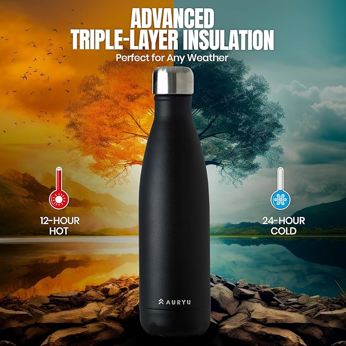 Best in Class Triple-Walled Insulated Stainless Steel Water Bottle, Keeps your Drinks Cold for up to 24 Hours and Hot for up to 12 Hours, Leak Proof, Make a Difference in the World, Black, 17oz