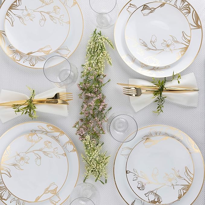 PLASTICPRO 60 Piece Combo Plates Set includes 30-7'' inch & 30-10'' inch White Plastic Floral Design Party Plates With Gold Rim, Premium heavyweight Elegant Disposable Tableware