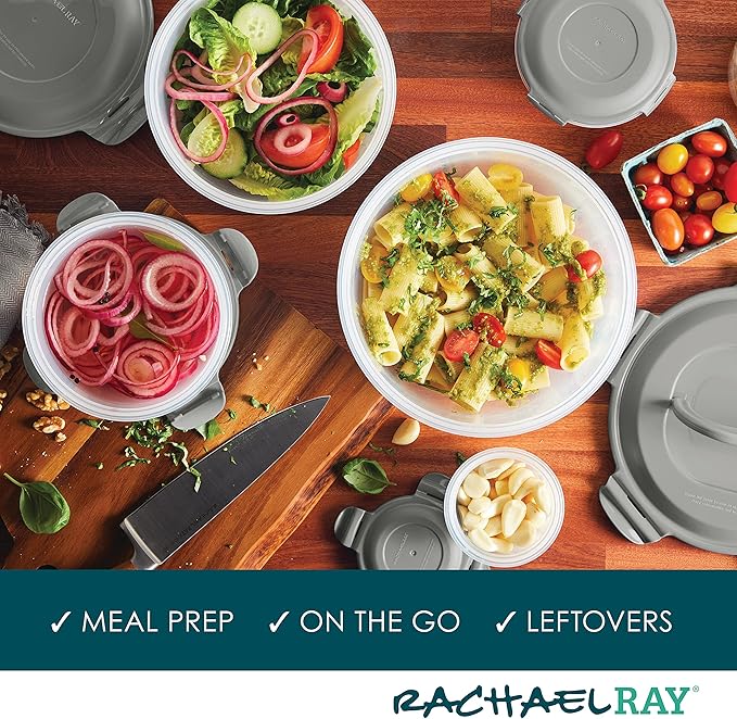 Rachael Ray Leak-Proof Nestable Container Food Storage Bin Set, 10-Piece, Clear with Gray Lids (Pack of 2)