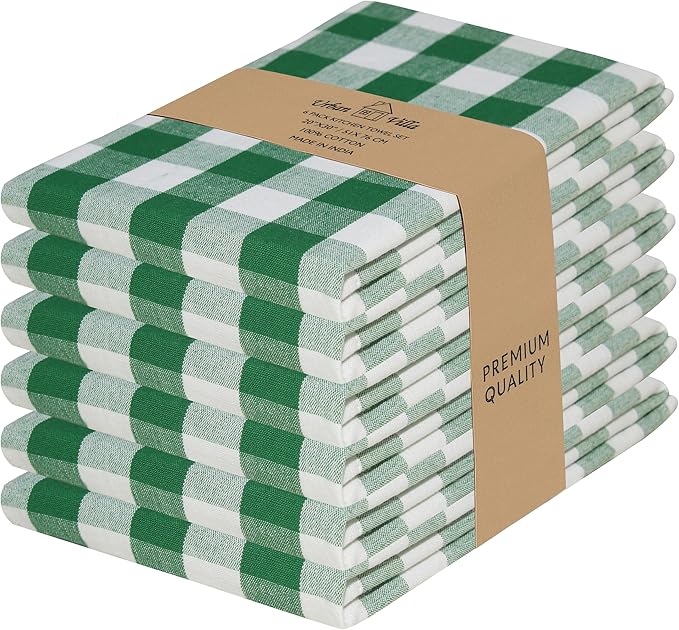 Urban Villa Kitchen Towels Set of 6 Buffalo Checks Hunter/White Kitchen Towels 20X30 Inches 100% Cotton Highly Absorbent Kitchen Towels Premium Quality Ultra Soft Mitered Corners Kitchen Towels