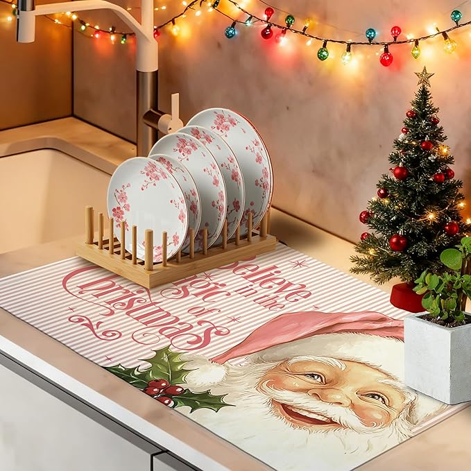 Pink Christmas Santa Dish Drying Mat, Preppy Xmas Coffee Bar Mat for Countertops, Believe in the Magic of Christmas Absorbent Dish Drying Mats for Kitchen Counter Coffee Maker, 16x24 Inch