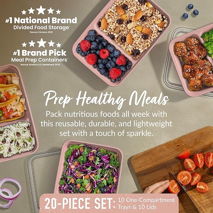 Bentgo Prep - 20-Piece 2-Compartment Reusable Meal Prep Containers with Lids, PFAS & BPA Free Materials, Durable, Microwave, Freezer, & Dishwasher Safe To Go Food Storage (Sweet Pea Glitter)