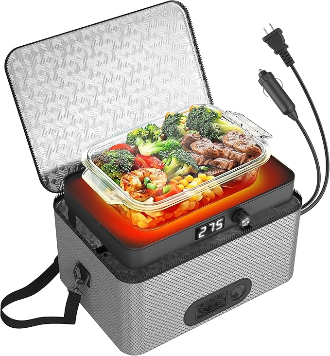 Portable Oven, 12V 24V 110V-240V Car Food Warmer Portable Personal Mini Oven Electric Heated Lunch Box for Meals Reheating & Raw Food Cooking for Road Trip/Camping/Picnic/Family Gathering(Gray)