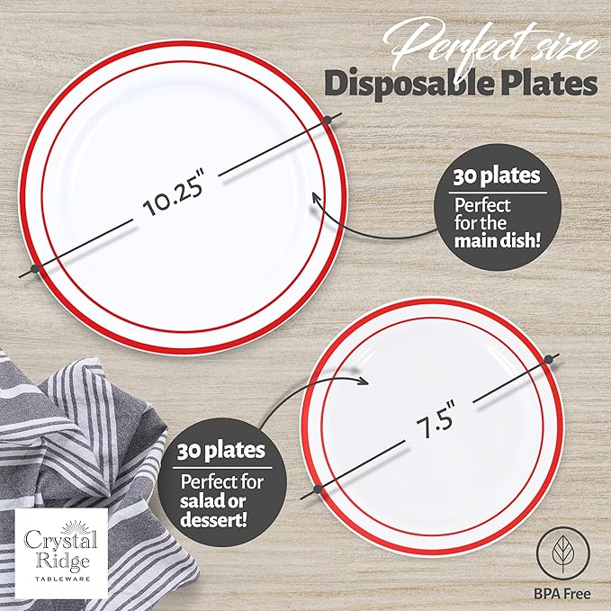 60 Pieces White Plastic Disposable Plates - Premium Heavy-Duty 30 Dinner Plates & 30 Salad Plates with Red Rim Ideal for Party, Birthday and Special Events