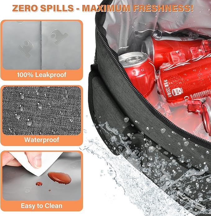 Tirrinia Insulated Large Lunch Bag for Women Men, Leakproof Lunch Box Containers for Adults, Work, School, Soft Lunchbox for Kids, Boys, Adult Cooler Bag for Picnic, Hiking,Beach,Charcoal