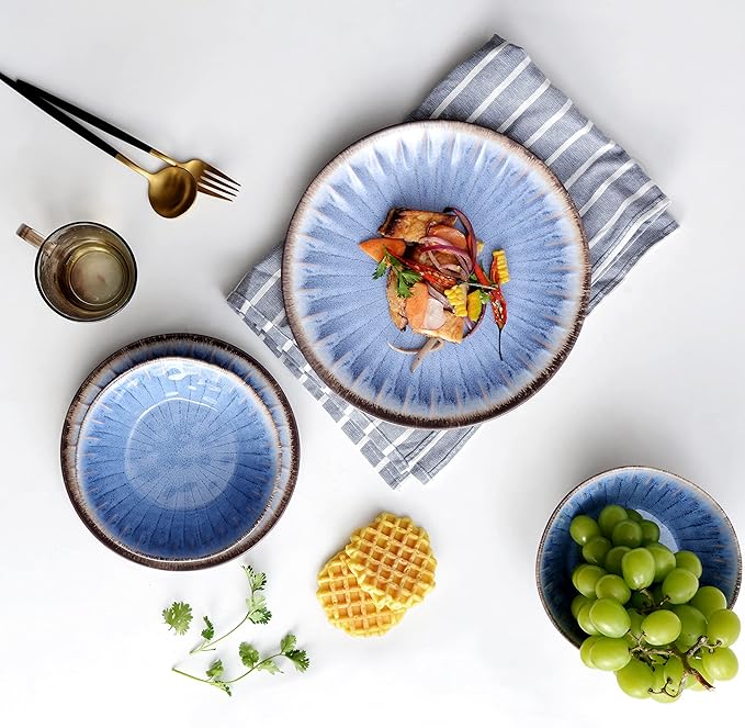 Melamine Dinnerware Sets 12 Pcs, Plates and Bowls Sets, Melamine Plates, Outdoor Dishes Sets, Unbreakable Dinnerware, Serving Dishes for Entertaining, Dishwasher Safe, BPA Free (Classic Blue)