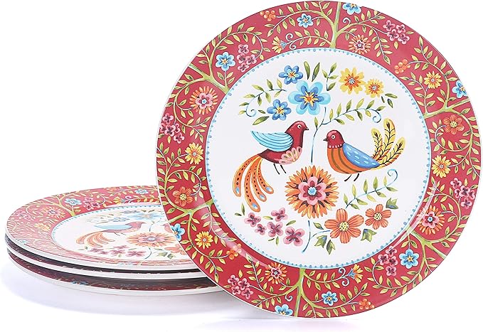 Bico Red Spring Bird Dinner Plates Set of 4, 11 Inch Large Ceramic Plates for Pasta, Steak, Stylish Serving Dishes, Microwave and Dishwasher Safe, Gift for Housewarming and Thanksgiving