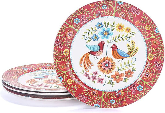Bico Red Spring Bird Dinner Plates Set of 4, 11 Inch Large Ceramic Plates for Pasta, Steak, Stylish Serving Dishes, Microwave and Dishwasher Safe, Gift for Housewarming and Thanksgiving