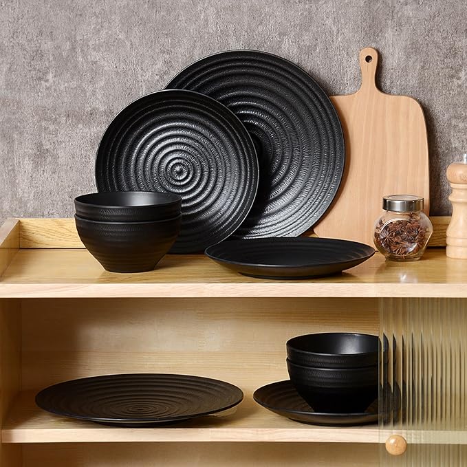 Melamine Dinnerware Sets for 4, 12Pcs Plates and Bowls Sets with Modern style, Lightweight and Unbreakable Dish Set for Camping, RV and BBQ, Dishwasher Safe, BPA free(Black)
