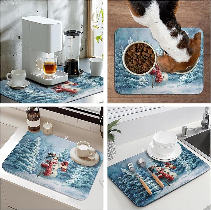 Winter Blue Snowman Dish Drying Mat Christmas Pine Tree Large Kitchen Mats Dish Drying Pad Xmas Absorbent Dish Dryer Mat for Kitchen Countertops Microfiber Drainer Pad Dish Drying Mats (18x24 in)