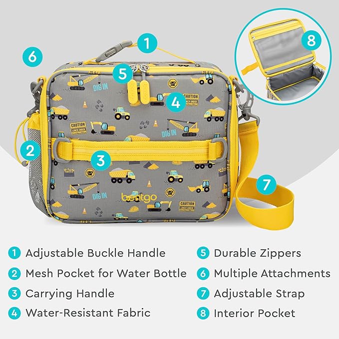 Bentgo Kids Lunch Bag - Durable, Double-Insulated Lunch Bag for Kids 3+; Holds Lunch Box, Water Bottle, & Snacks; Easy-Clean Water-Resistant Fabric & Multiple Zippered Pockets (Construction Trucks)