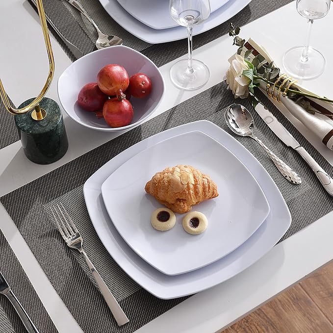 Melamine Dinnerware Sets, Square Dinnerware Sets, White Color Plates and Bowls Sets for 4, Unbreakable Dishwasher Safe BPA Free