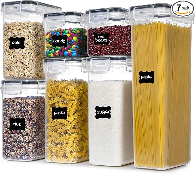 Airtight Food Storage Containers with Lids, 7 PCS BPA Free Kitchen Canisters for Spaghetti, Pasta, Dry Food, Flour and Sugar, Plastic Canisters for Pantry Organization and Storage