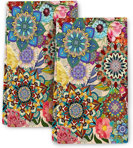 Boho Floral Kitchen Towels Set of 2, Colorful Flowers Dish Towels, Absorbent Soft Hand Tea Bar Towels for Farmhouse Home Decor