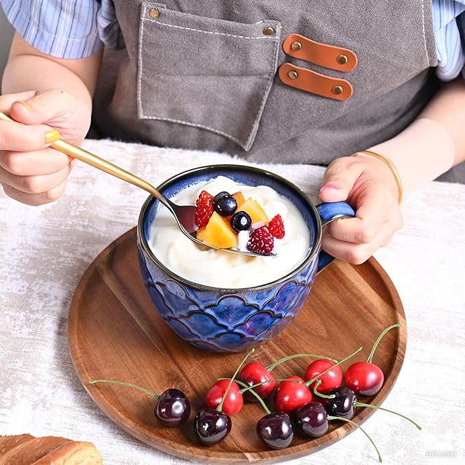 Ceramic Soup Mug, 24oz Soup Bowl with Handle & Lid, Microwave Bowl for Cereal Oatmeal Ramen Instant Noodle Salad (Dark Blue)