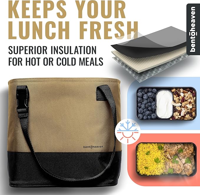 Bentoheaven Insulated Lunch Tote for Work - Durable Materials, Variable Strap/Handle, Wide Opening - Cooler Lunch Bag for Women & Men - Fits all major Bento Lunch Boxes and Other Containers (Beige)