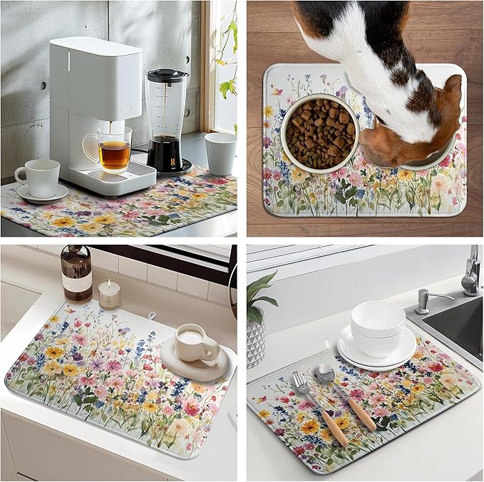 Spring Floral Dish Drying Mat for Kitchen Counter Summer Colorful Flower Kitchen Dishes Dryer Pad Absorbent Matt Microfiber Washable Foldable Reusable Large 18x24 in